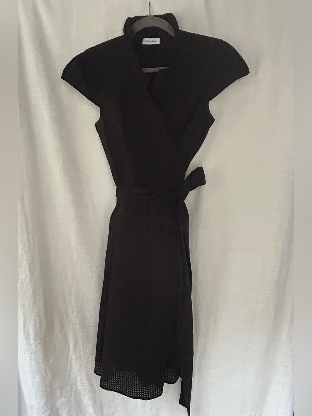 Calvin Klein Black Sheer Check Midi Wrap Dress w/ Cap Sleeves & Ruffle Neckline